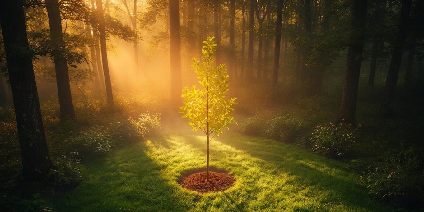 A peaceful forest clearing with a young memorial tree bathed in golden light